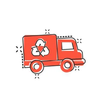 Garbage truck icon in comic style. Recycle cartoon vector illustration on whi Stock Illustration