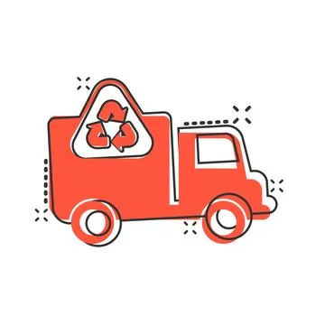 Garbage truck icon in comic style. Recycle cartoon vector illustration on w.. Stock Illustration
