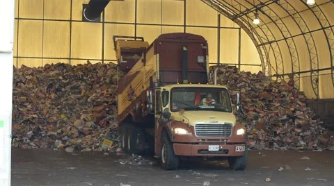 Garbage Truck Inside Transfer Station Wide Stock Footage 61805229