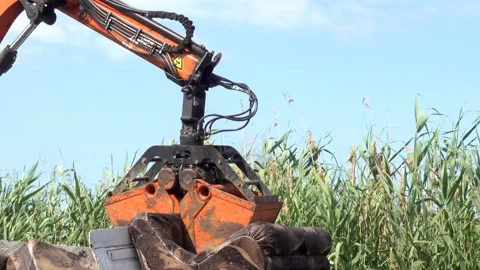 A garbage truck picks up large trash with a crane. Stock Footage 112930859