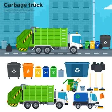 Garbage truck on the street near trash cans Stock Illustration