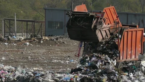 A garbage truck unloads waste at a large dump. Stock Footage 315296441