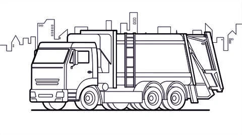 Garbage truck; vector contour garbage truck on city background. Stock Illustration