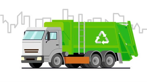 Garbage truck; vector green garbage truck on city background. Stock Illustration