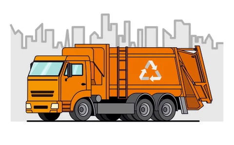 Garbage truck; vector orange garbage truck on city background. Stock Illustration