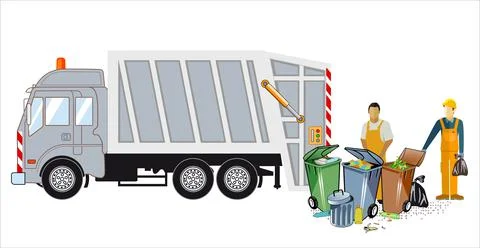 Garbage truck with workers and garbage bags Stock Illustration