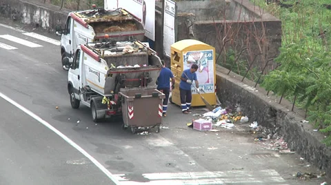 Garbage trucks, workers, Italy. Stock Footage 31752306
