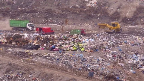 Garbage vehicles at the landfill surrounded by a flock of seagulls Stock Footage 73520317