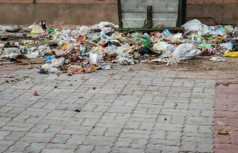 Garbage waste items and plastic begs liter in open at day from different angl Fotos de archivo