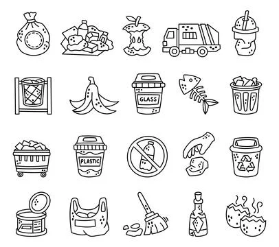 Garbage waste set in outline line art 库存插图