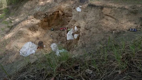 Garbage in the woods after picnic. Stock Footage 130430410