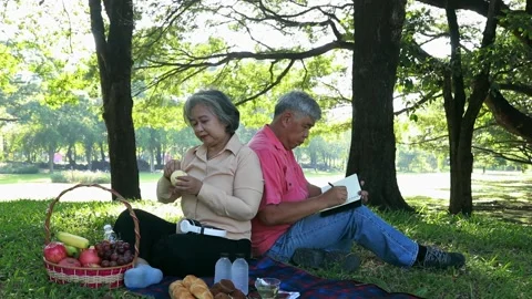 Garden activities, couples sit on mats on the grass relax . Stock Footage 167780158