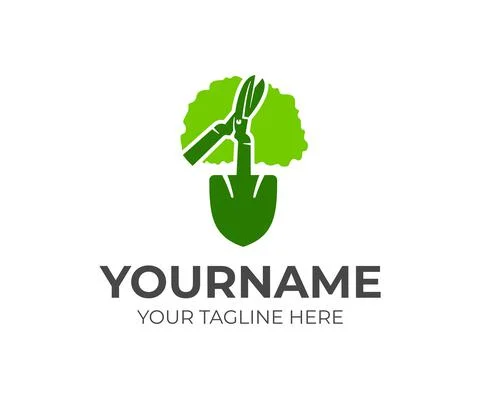 Garden and landscape, tools, tree, gardening scissors and shovel, logo Illustrazione stock