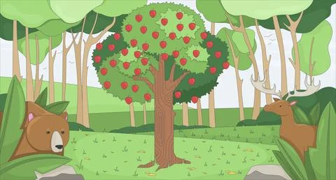 Garden apple tree with forest animals flat illustration background Stock Illustration