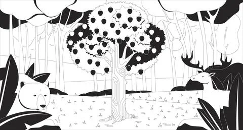 Garden apple tree with forest animals line illustration backdrop Stock Illustration