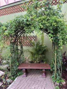 Garden arch bench for seating area Stock Photos