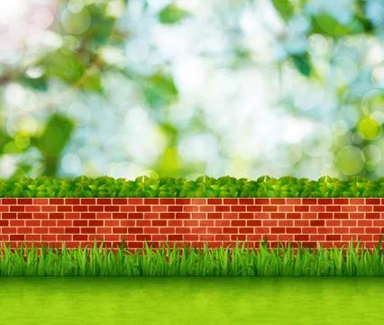 Garden background with brick wall and green grass 스톡 일러스트