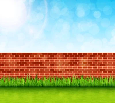 Garden background with brick wall and green grass vector Stock Illustration