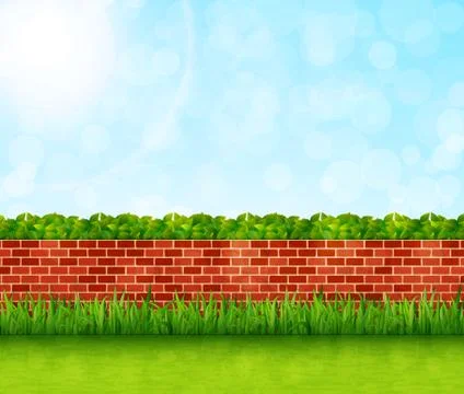 Garden background with brick wall and green grass vector Stock Illustration