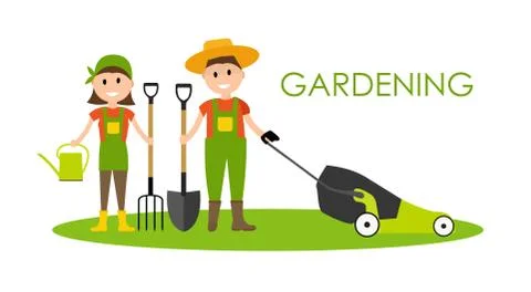 Garden Background Vector Illustration. Farmer Gardener Man and W Ilustración de archivo