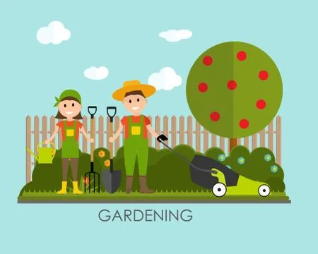 Garden Background Vector Illustration. Farmer Gardener Man and W Ilustración de archivo