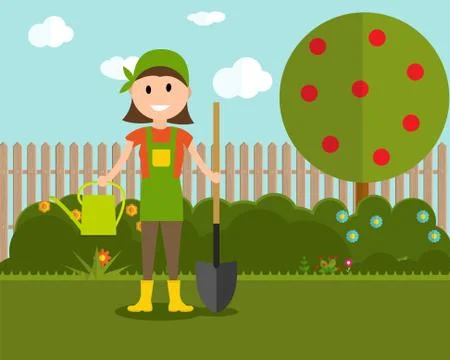 Garden Background Vector Illustration. Farmer Gardener Woman in Ilustración de archivo