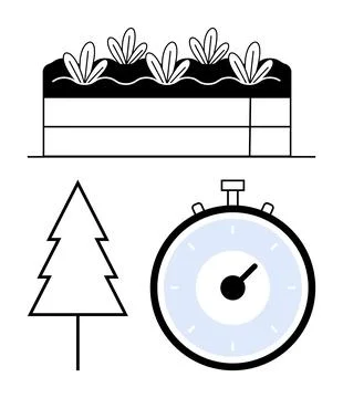Garden Bed, Pine Tree, and Clock Elements Representing Nature, Agriculture,.. Stock Illustration