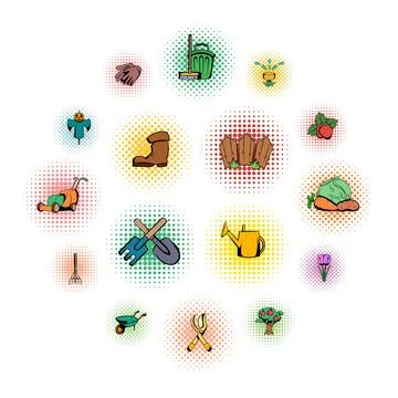 Garden comics icons set Stock Illustration