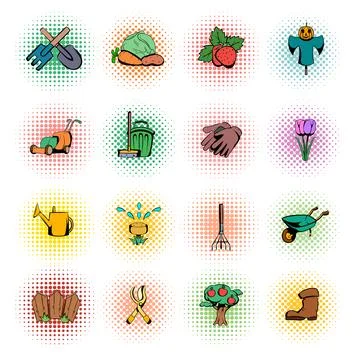 Garden comics icons set Stock-Illustration