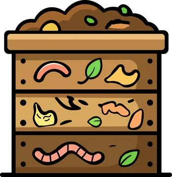 Garden compost box with soil layers and worms 库存插图