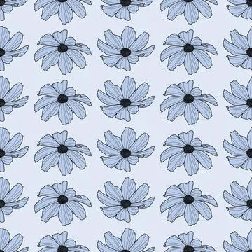 Garden cosmos flower repeat pattern, vector, blue design Stock Illustration