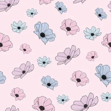 Garden cosmos flower repeat pattern, vector, spring design Stock Illustration