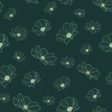 Garden cosmos flower repeat pattern, vector, dark green Stock Illustration