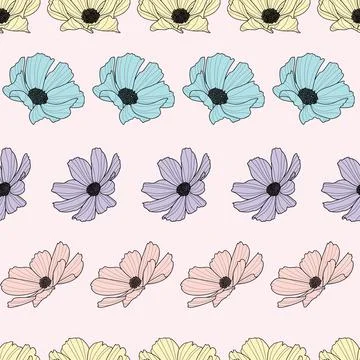 Garden cosmos flower repeat pattern, vector, colorful Stock Illustration