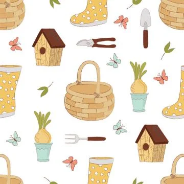 GARDEN CRAFT Spring Vector Illustration Seamless Pattern Stock Illustration