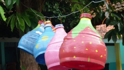 Garden decoration using used items painted to resemble fruit Stock Footage 304773420