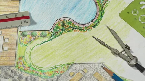 Garden design courses student is learning garden plan design by hand drawing. Stock Footage 315563519