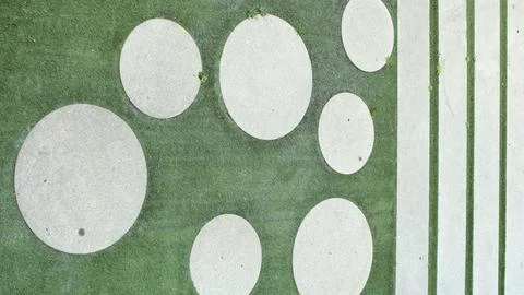 Garden design rectangular and round shapes on artificial turf Stock Photos