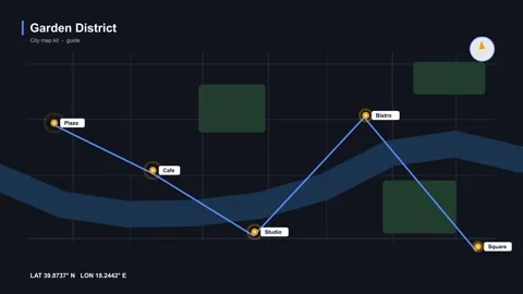 Garden District Digital Navigation Map UI Night Mode Stock Footage 343457169
