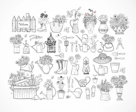 Garden doodles. Garden decor elements on white background. Doodle sketch illu Illustrazione stock