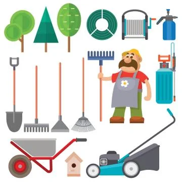 Garden equipment flat set vector gardener character with rake illustration Stock-Illustration