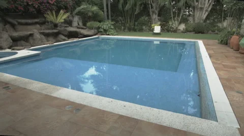 A garden fitted with a big pool and tropical trees Stock-Footage 48788041