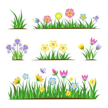 Garden flat flowers in grass. Spring tulip, meadow decorative floral elements Illustrazione stock