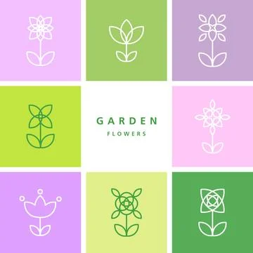 Garden Flowers - set of flowers - decorative design line element Stock Illustration