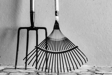 Garden Fork and Leaf Rake Stock Photos