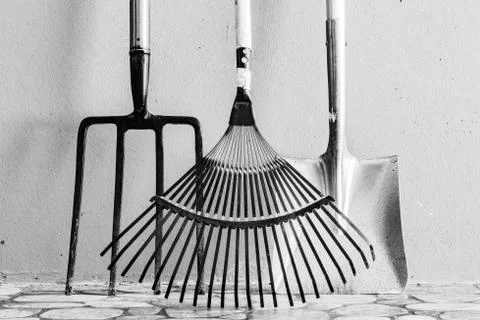 Garden Fork, Leaf Rake and Metal Spade Stock Photos