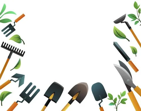 Garden frame. Tools for working in the garden. Crop farmer. Shovels rakes and Stock Illustration