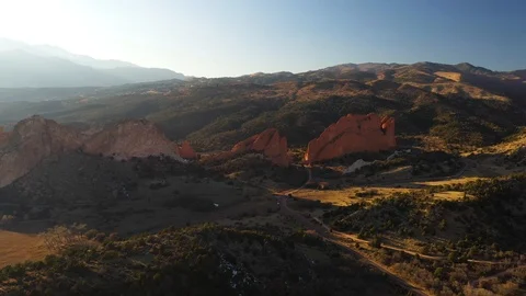 Garden Of The Gods Sunset Mountain Range Aerial Shot 4K Stock Footage 119834076