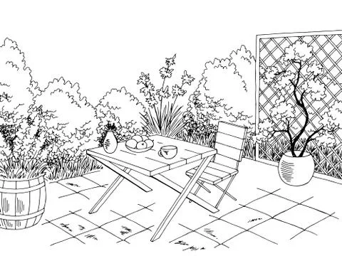 Garden graphic backyard table black white sketch illustration vector 스톡 일러스트