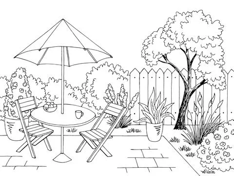 Garden graphic backyard table black white sketch illustration vector  스톡 일러스트
